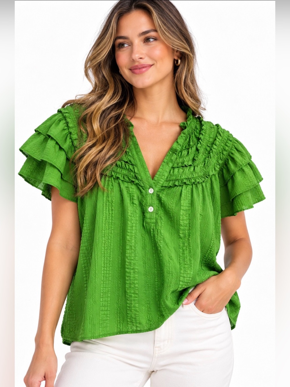 THML Green 100% Cotton Ruffle Blouse M Textured Flutter Sleeve Boho Top
